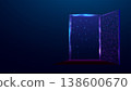 Open door to space, universe. Banner with glowing low poly door on dark blue background. Wireframe low poly design. Abstract futuristic vector illustration. 138600670