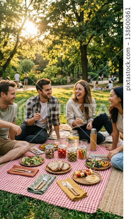 Friends enjoy a sunny picnic in the park with delicious food and laughter under the golden afternoon light Generative AI 138600861