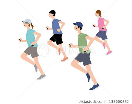 一幅描繪年輕男女快樂奔跑和慢跑的插圖。 138600882