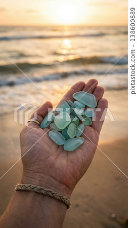 Handful of smooth sea glass treasures captured along a tranquil beach at sunset near the gentle waves of the ocean Generative AI 138600889