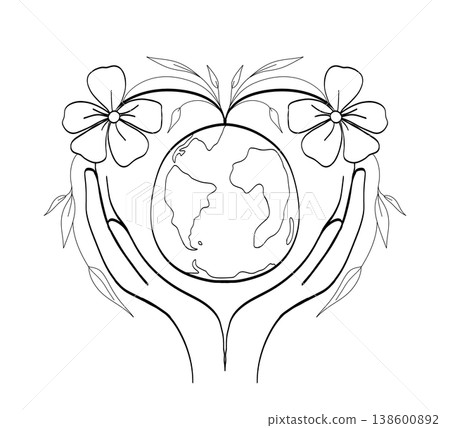 Minimalist line art of human hands holding Earth globe with floral heart and blooming flowers concept on a transparent background. Minimalist line art of human hands holding Earth globe with floral heart and blooming flowers concept on a transparent background. 138600892