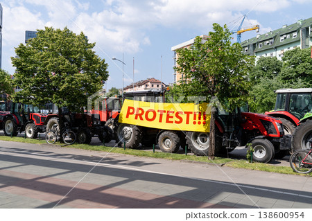 Farmers blocked traffic with tractors during a protest. Farmers blocked traffic with tractors during a protest. 138600954