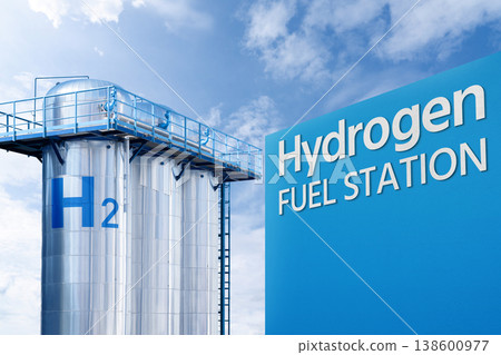 Gydrogen filling station with tanks and blue symbols 138600977