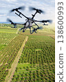 Drone sprayer flies over the agricultural field. Smart farming and precision agriculture. 138600993