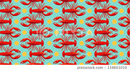 Mediterranean lobster seamless patterns set, colorful flat vector food illustration for cafe branding fabric and wrapping paper design Mediterranean lobster seamless patterns set, colorful flat vector food illustration for cafe branding fabric and wrapping paper design 138601010