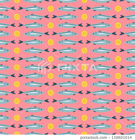 Seafood seamless patterns set with lobster fish and lemon slices, flat vector illustration of mediterranean food for restaurant branding and packaging 138601014