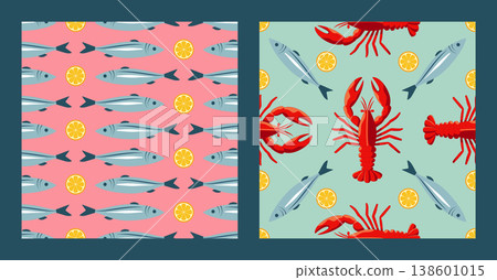 Set of two flat vector seamless patterns with red lobsters and sardines on pink and blue backgrounds, fresh sea food design for kitchen textile and menu 138601015