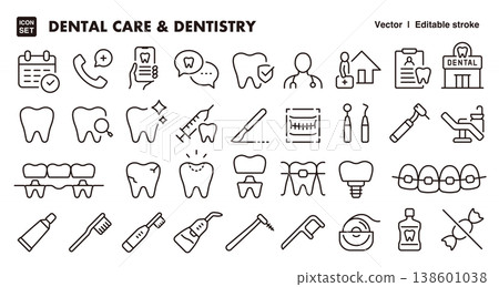 Icon set for dental care and dental treatment (thin lines, vector materials): Oral care, dentist, dental clinic materials Icon set for dental care and dental treatment (thin lines, vector materials): Oral care, dentist, dental clinic materials 138601038