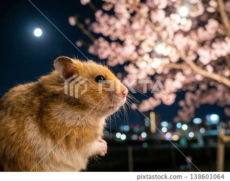 春夜裡，一隻倉鼠靜靜地凝視著燈光照耀下的櫻花。 138601064
