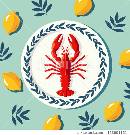 Fresh lobster with lemon slices on decorative plate flat vector illustration, healthy seafood dinner for restaurant menu and mediterranean branding 138601161