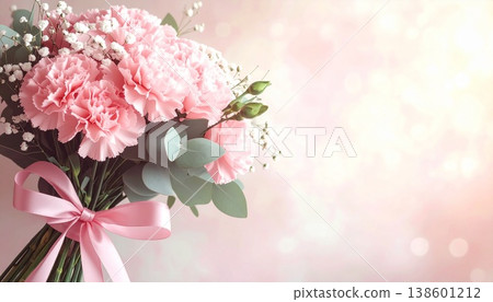 A watercolor illustration of translucent pink carnations. 138601212