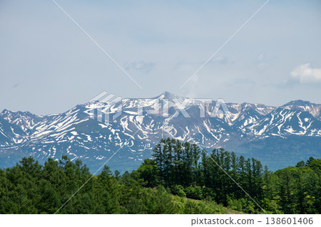 白雪皚皚的火山峰和鬱鬱蔥蔥的森林:十勝山 白雪皚皚的火山峰和鬱鬱蔥蔥的森林:十勝山 138601406