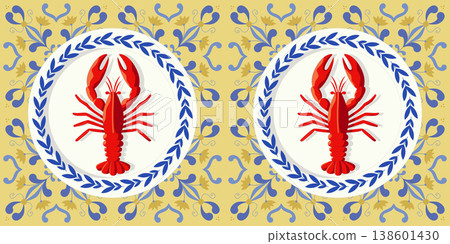 Lobster on plate seamless pattern in mediterranean tile style, flat vector illustration of red crayfish for restaurant branding and kitchen textile 138601430