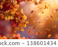 Autumn leaves and flowers fluttering in the light of the setting sun create a fantastical natural backdrop. 138601434