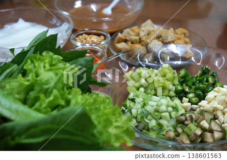 Thai Naem Nueng white pork sausage Rolls Fresh Herbs Hand Wrap Rice Paper Thai Naem Nueng white pork sausage Rolls Fresh Herbs Hand Wrap Rice Paper 138601563