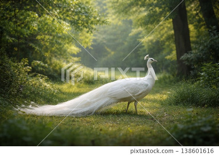 一隻白色孔雀的全身像，佇立在鬱鬱蔥蔥的森林中。 138601616