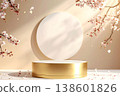 A spring-themed product display stage featuring a gold podium adorned with cherry blossoms and a circular background. 138601826