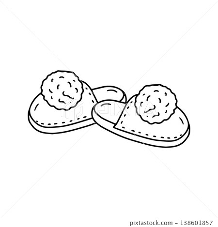Hand drawn black and white doodle cozy slippers icon. Line art home shoes with pom poms drawing 138601857