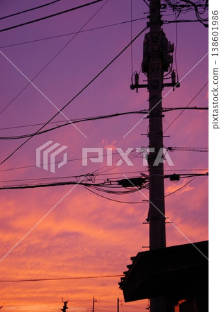 Evening scenery with electric poles Evening scenery with electric poles 138601986