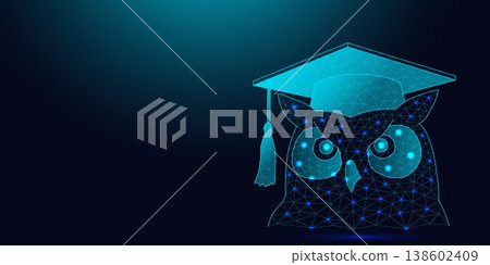 Low poly wireframe owl wearing a graduation cap on a dark background. 138602409