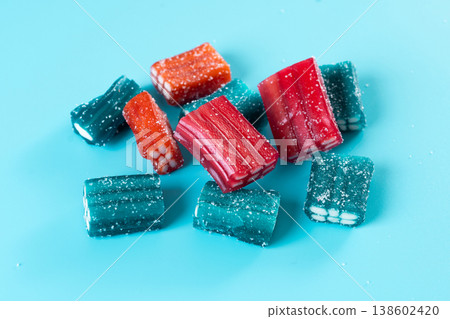 Colorful chewy candy pieces with sugar coating Colorful chewy candy pieces with sugar coating 138602420
