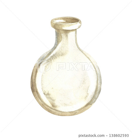 Glass round bottomed flask, watercolor illustration, isolated. Hand drawn laboratory glassware for scientific research in a simple, colorful style for stickers, scrapbooking, and booklets. Glass round bottomed flask, watercolor illustration, isolated. Hand drawn laboratory glassware for scientific research in a simple, colorful style for stickers, scrapbooking, and booklets. 138602593