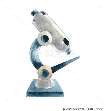 Microscope watercolor illustration isolated. Hand drawn laboratory equipment for scientific research in a simple, colorful style. Suitable for stickers, scrapbooking, and booklets. 138602596