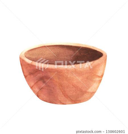 Wooden bowl, watercolor illustration, isolated. Kitchen utensils for salad. Hand drawn cooking tools. Empty container for food, rice, or fruit for cookbooks or packaging. 138602601