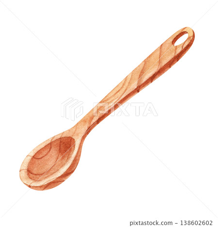 Brown wooden kitchen spoon, watercolor illustration, isolated. Hand drawn kitchen utensils for menus, recipes, and cookbooks, as well as bakery or cafe decor. Brown wooden kitchen spoon, watercolor illustration, isolated. Hand drawn kitchen utensils for menus, recipes, and cookbooks, as well as bakery or cafe decor. 138602602