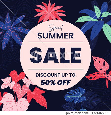 summer sale banner with tropical leaves and exotic leaves summer sale banner with tropical leaves and exotic leaves 138602706