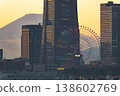 日落時的富士山和橫濱港未來：城市景觀包括巨大的摩天輪和摩天大樓。 138602769
