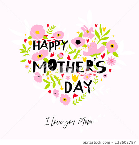 Mothers Day card, happy Mother's Day poster, flowers, heart 138602787