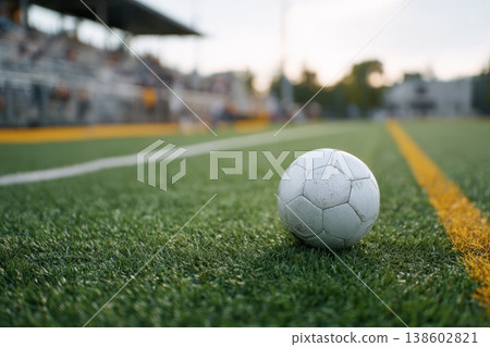 Soccer ball on field with stadium background Soccer ball on field with stadium background 138602821