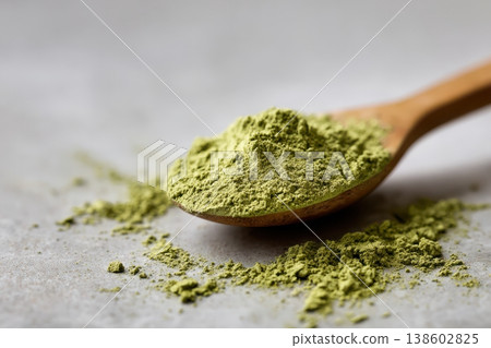 Wooden spoon with matcha powder macro Wooden spoon with matcha powder macro 138602825