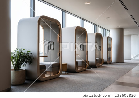Modern office pods along window corridor Modern office pods along window corridor 138602826