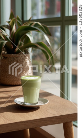 Matcha latte by window with plant and sunlight Matcha latte by window with plant and sunlight 138602829