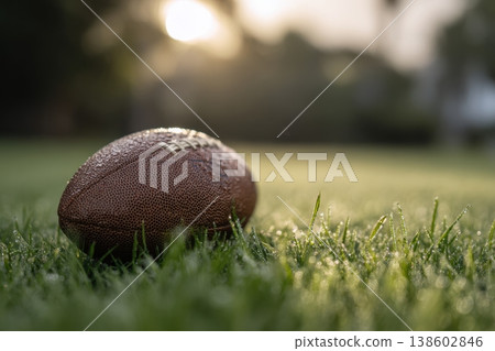 American football on grass with morning dew close up American football on grass with morning dew close up 138602846