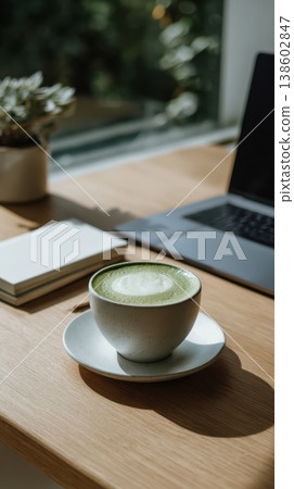 Matcha latte on desk near laptop with sunlight Matcha latte on desk near laptop with sunlight 138602847