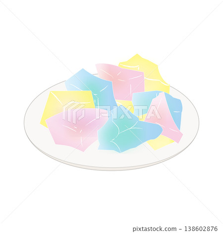 Kohakuto (amber candy) in three colors (pink, blue, yellow) on a plate Kohakuto (amber candy) in three colors (pink, blue, yellow) on a plate 138602876