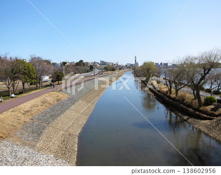 在茨城縣水戶市中心地帶，沿著千葉湖旁的櫻川河岸漫步。 138602956