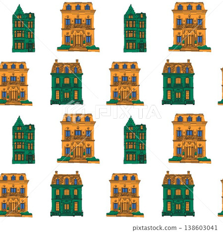 Colorful Classic Townhouses Seamless Pattern Background Colorful Classic Townhouses Seamless Pattern Background 138603041