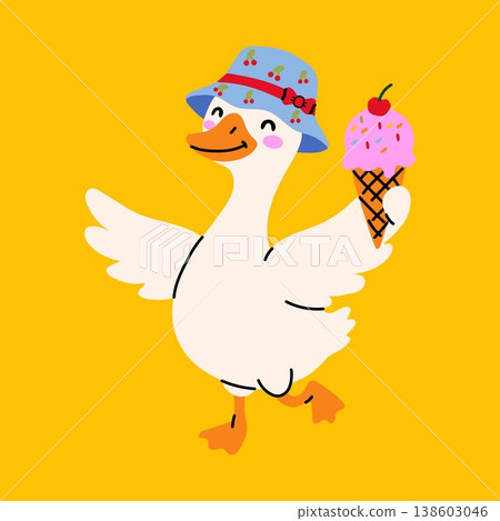 Adorable Duck with Ice Cream Cone Cartoon Character Adorable Duck with Ice Cream Cone Cartoon Character 138603046
