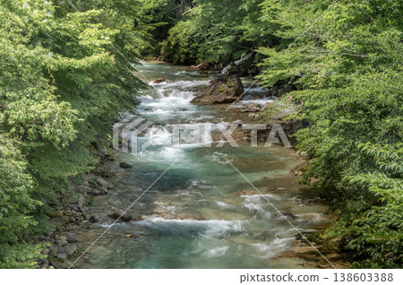 The Shirasuna River in early summer and the lush green valley scenery 138603388