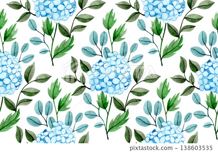 delicate watercolor pattern with blue hydrangea flowers and eucalyptus leaves. diamond print. delicate watercolor pattern with blue hydrangea flowers and eucalyptus leaves. diamond print. 138603535