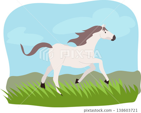 horse running in meadow. cute cartoon horse running in a green meadow during daytime in countryside setting 138603721