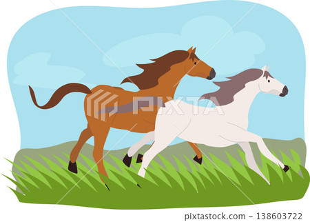 horses running in grass field. flat illustration countryside animal scene with blue sky background 138603722