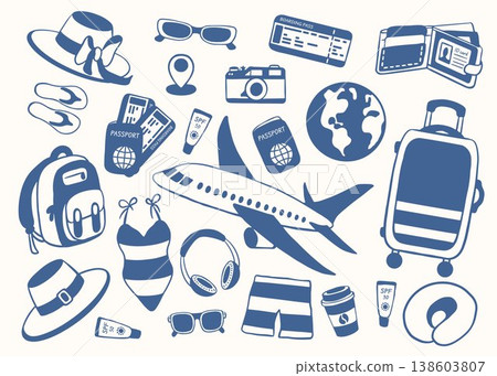 Travel icon set with airplane, passport, suitcase and summer accessories in flat style. Ideal for tourism design, vacation concept, sticker, poster and graphic. Travel icon set with airplane, passport, suitcase and summer accessories in flat style. Ideal for tourism design, vacation concept, sticker, poster and graphic. 138603807