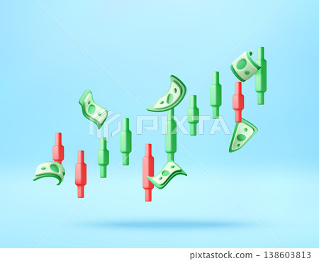 3D candlestick chart with floating paper currency 138603813