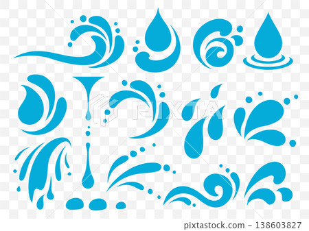 Water elements, drops and droplet, splash and waves, swirl silhouette Water elements, drops and droplet, splash and waves, swirl silhouette 138603827