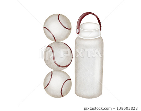 Paddle tennis bottle and ball watercolor illustration. Clip art of sports equipment.Ideal for brochures, banners, and booklets for squash or badminton. Paddle tennis bottle and ball watercolor illustration. Clip art of sports equipment.Ideal for brochures, banners, and booklets for squash or badminton. 138603828
